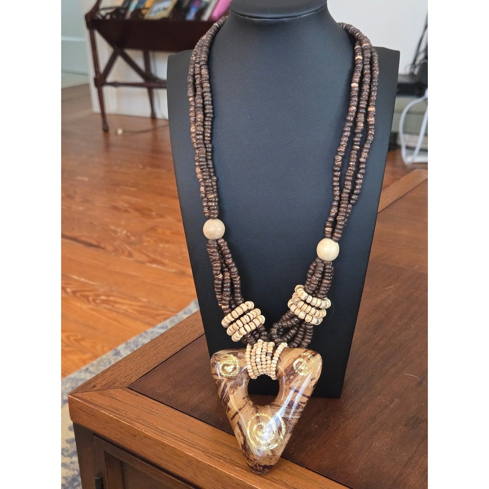 Wooden Necklace Multistrand Large Triangular Pendant Matching Earrings Set